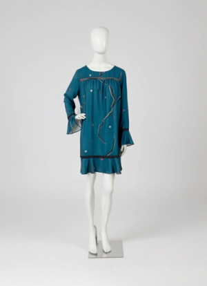 Vestido curto azul petróleo estampa pássaros - Tam G