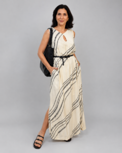 Vestido midi off-white estampa tracejada - Tam P
